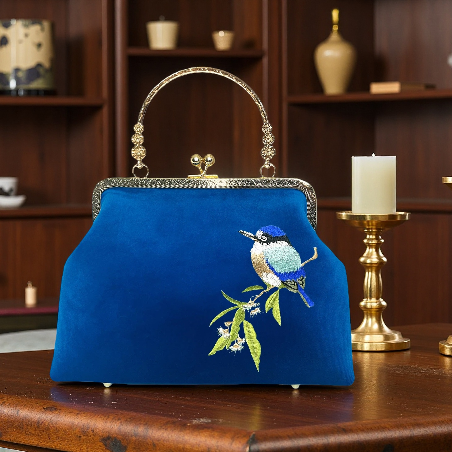 Gift redemption-women's velvet evening handbag -blue bird