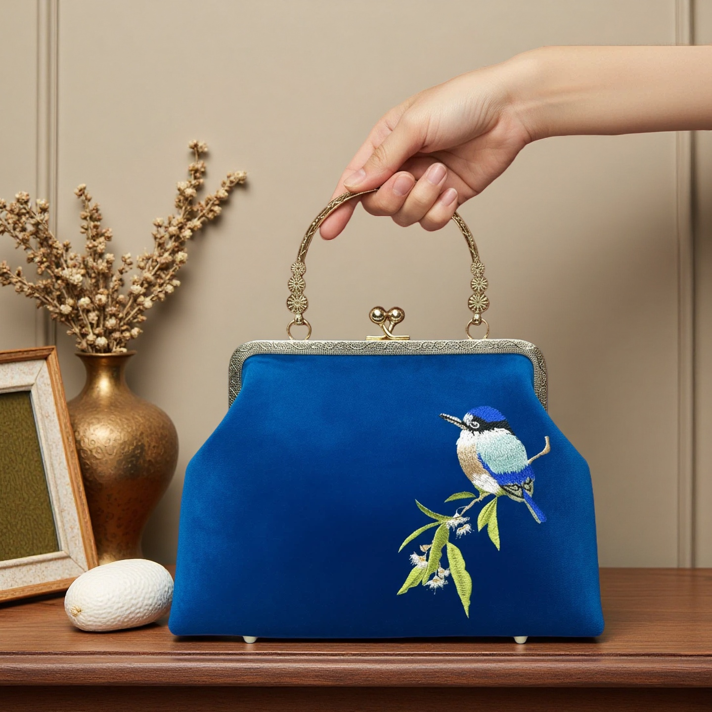 Gift redemption-women's velvet evening handbag -blue bird